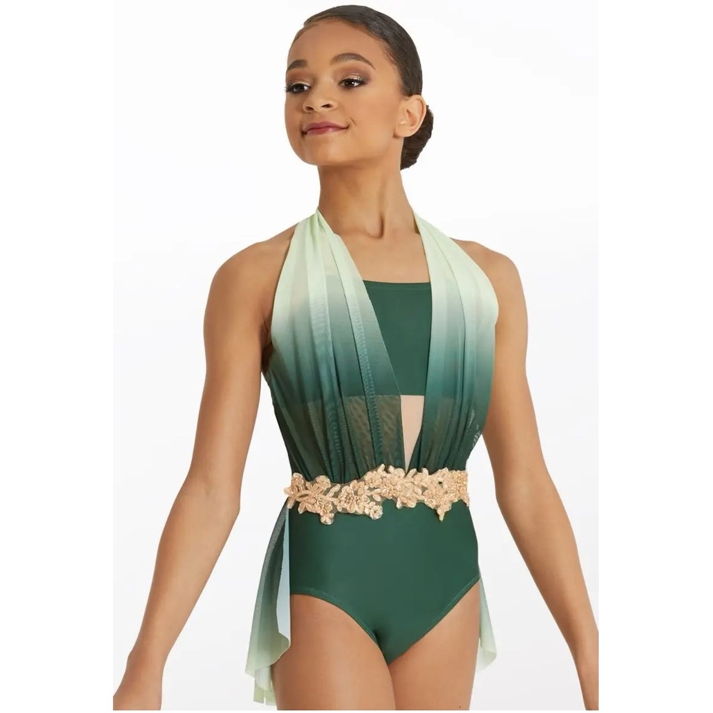Weissman Elite | Lifelines Green White Ombre Mesh Halter Leotard Skirt, LC